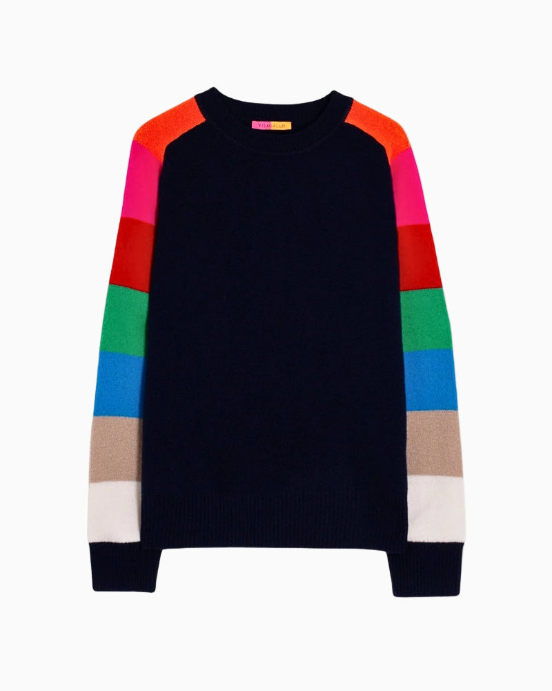 Navy Vilagallo wool jumper with rainbow striped raglan sleeves and ribbed edges