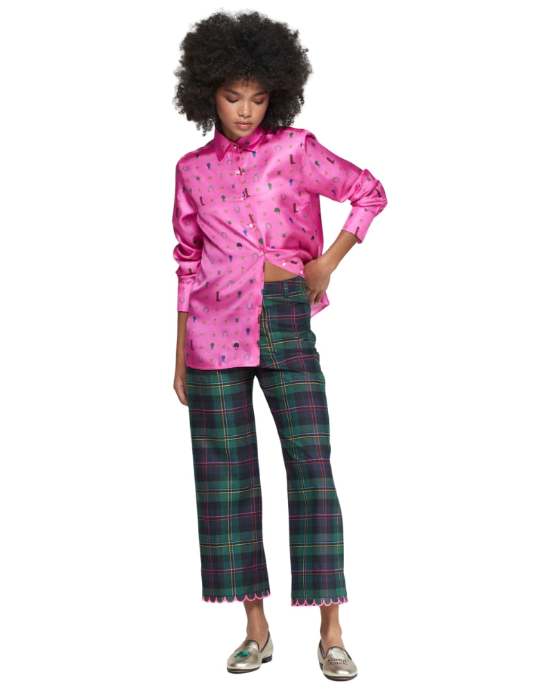 Front view of Vilagallo multicolour tartan trousers with scalloped pink hem