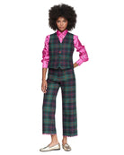 tyled outfit featuring Vilagallo tartan trousers with pink trim