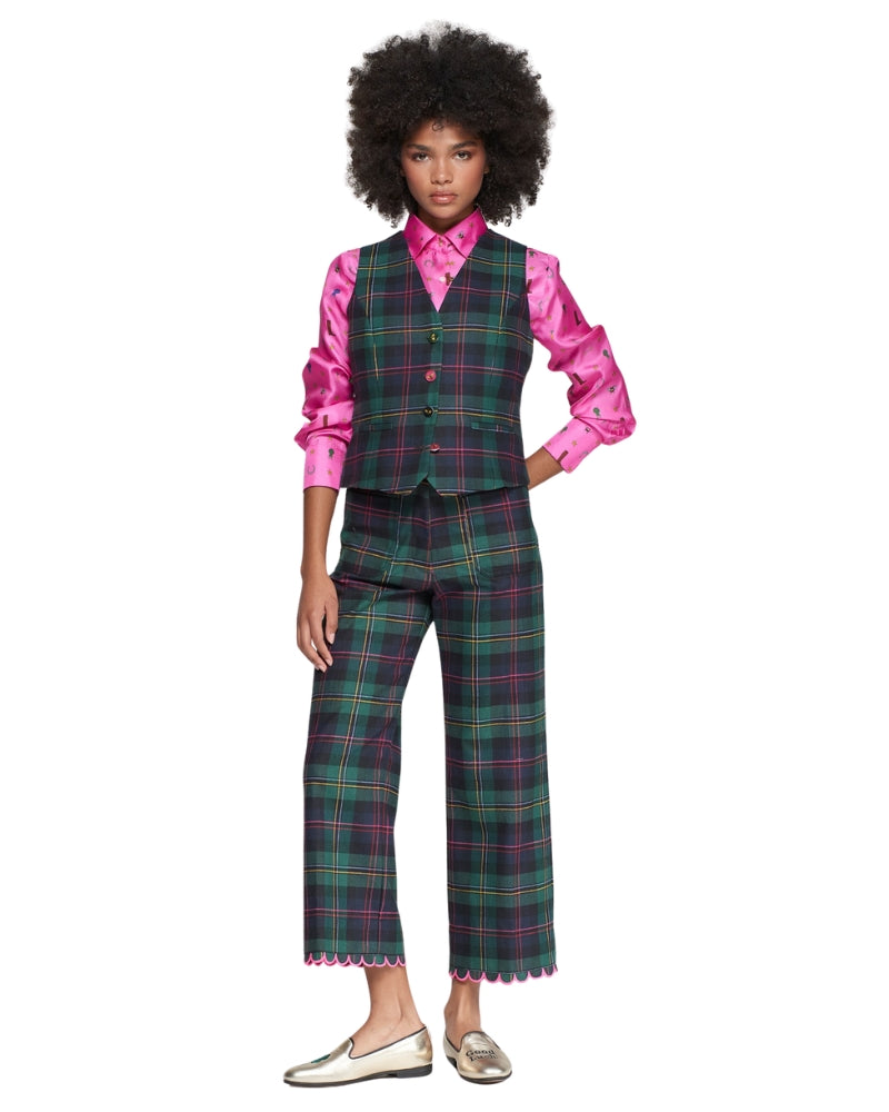 tyled outfit featuring Vilagallo tartan trousers with pink trim