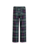 Back view of ankle-length tartan trousers showing straight-leg cut