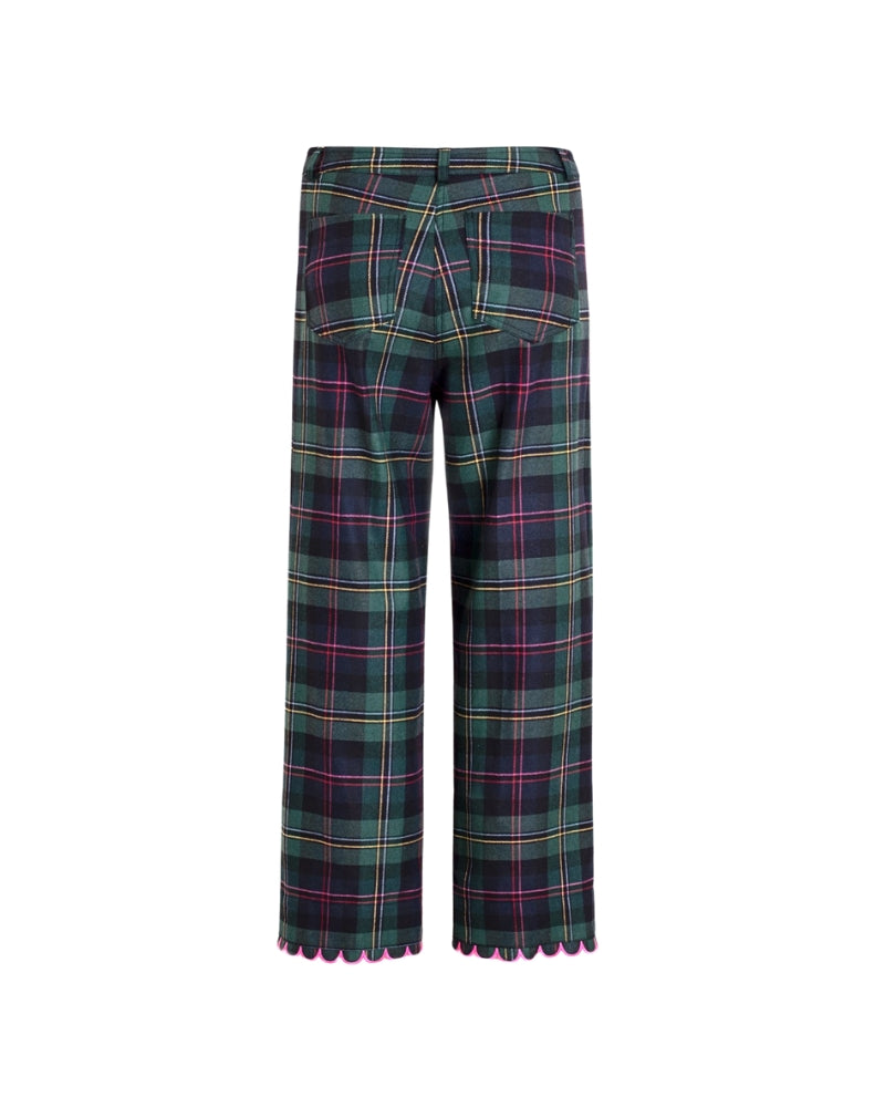 Back view of ankle-length tartan trousers showing straight-leg cut