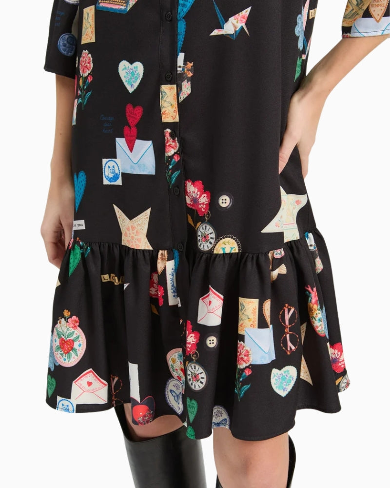 Vilagallo Veada Dress in Black/Multi ruffle hem detail