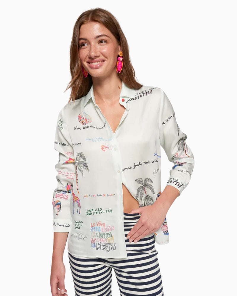 Vilagallo White Shirt with Quirky Print print detail with phrases and palm trees