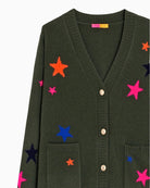 Close up of Vilagallo cardigan showing gold button detail star design and pure wool knit texture