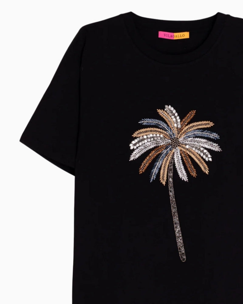 Vilagallo black T-shirt palm tree embroidery detail