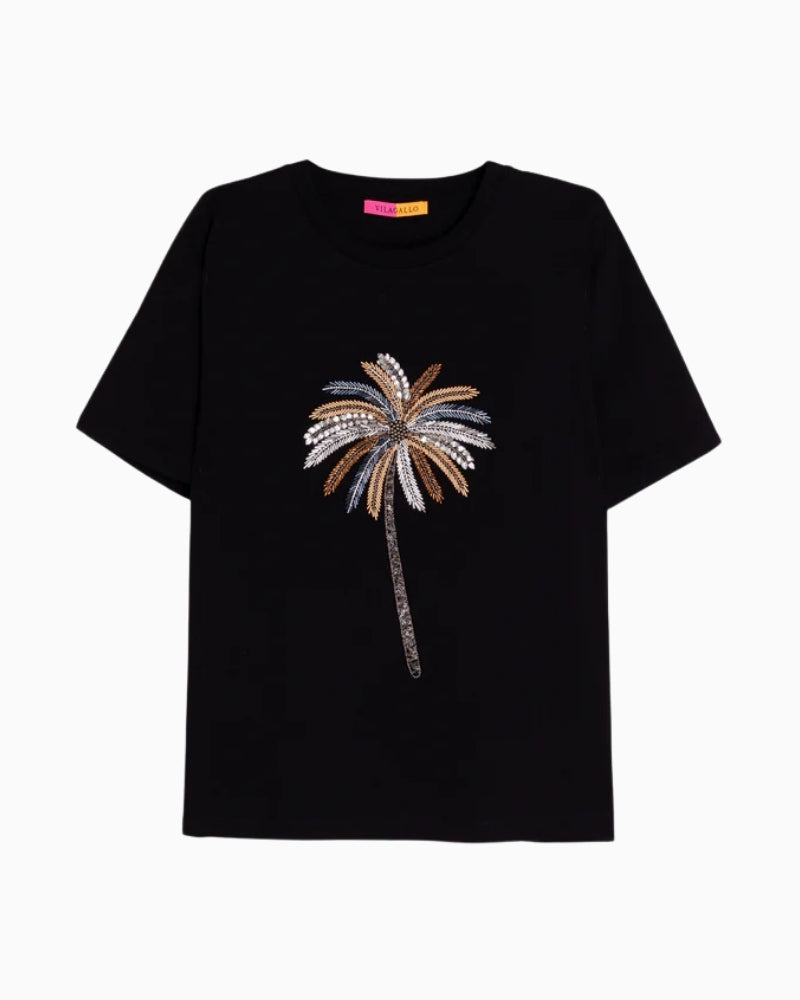 Vilagallo black T-shirt with embroidered palm tree front view