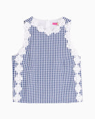 Vilagallo blue gingham plaid sleeveless top with floral appliqué front view