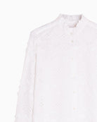 Vilagallo embroidered white shirt lifestyle view with embroidery detail