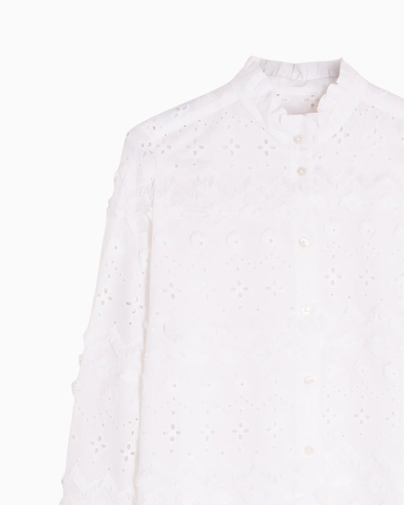 Vilagallo embroidered white shirt lifestyle view with embroidery detail