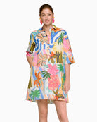 Vilagallo multicolored palm tree print short dress front view on model