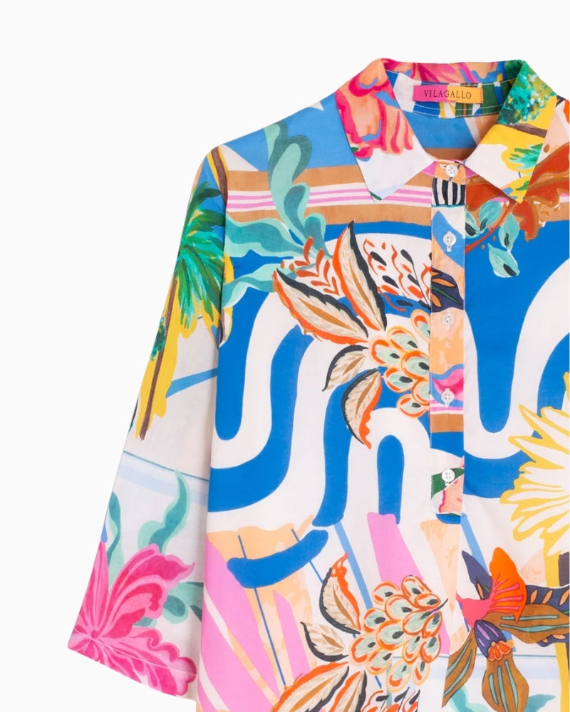 Vilagallo multicolored palm tree print short dress collar detail