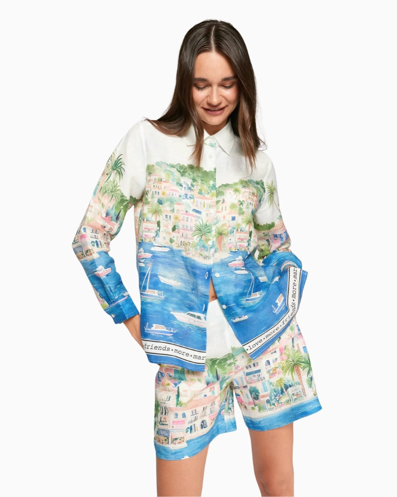Vilagallo multicolour linen shorts coastal print detail
