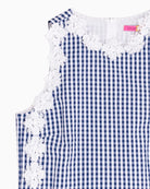 Vilagallo navy plaid sleeveless top with floral appliqué neckline detail