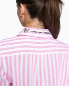 Vilagallo pink striped embroidered flower shirt back collar detail