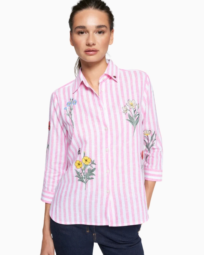 Vilagallo pink striped embroidered flower shirt front view on model