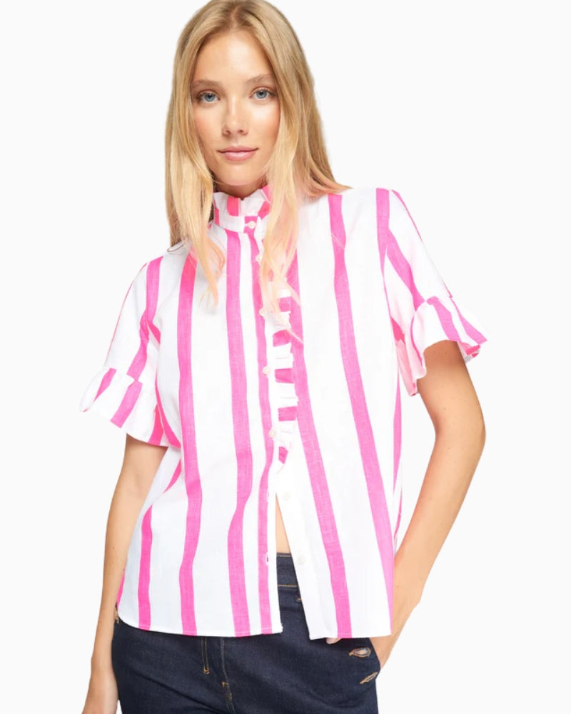 Vilagallo pink and white striped shirt with ruffle detail close-up