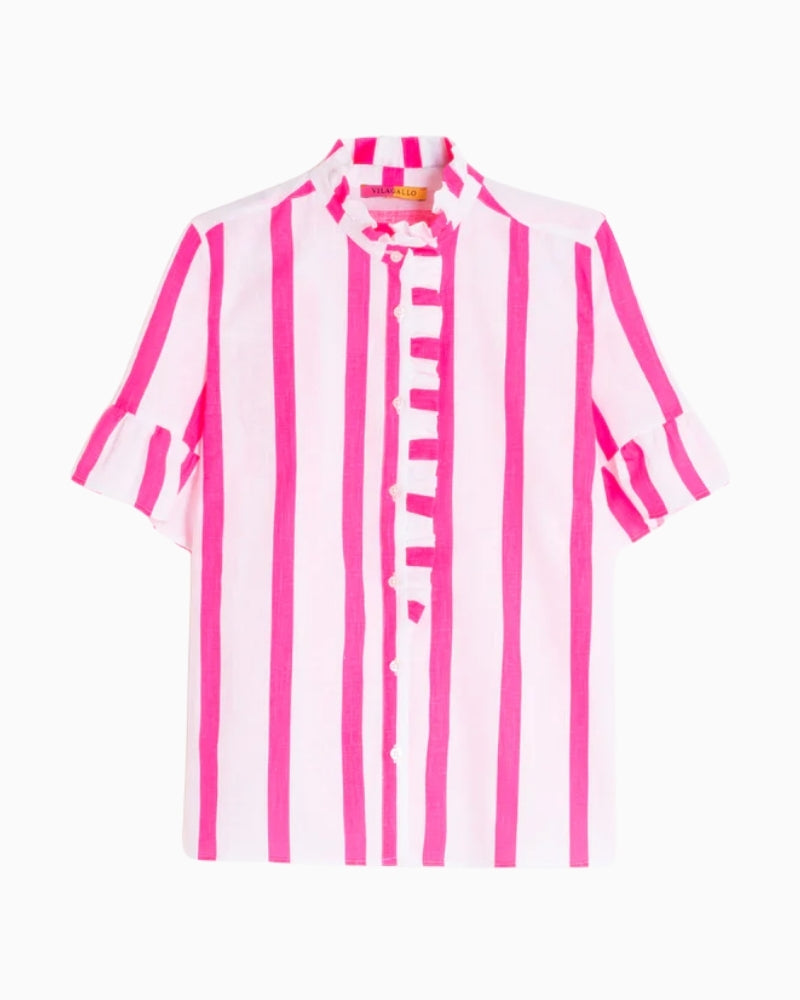Vilagallo pink striped ruffle shirt flat product image