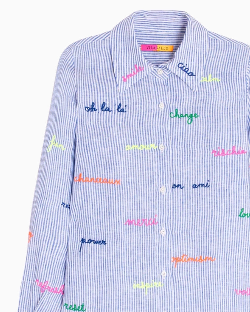 Vilagallo striped embroidered linen shirt light blue white embroidery detail close-up