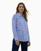 Vilagallo striped embroidered linen shirt light blue white front view on model