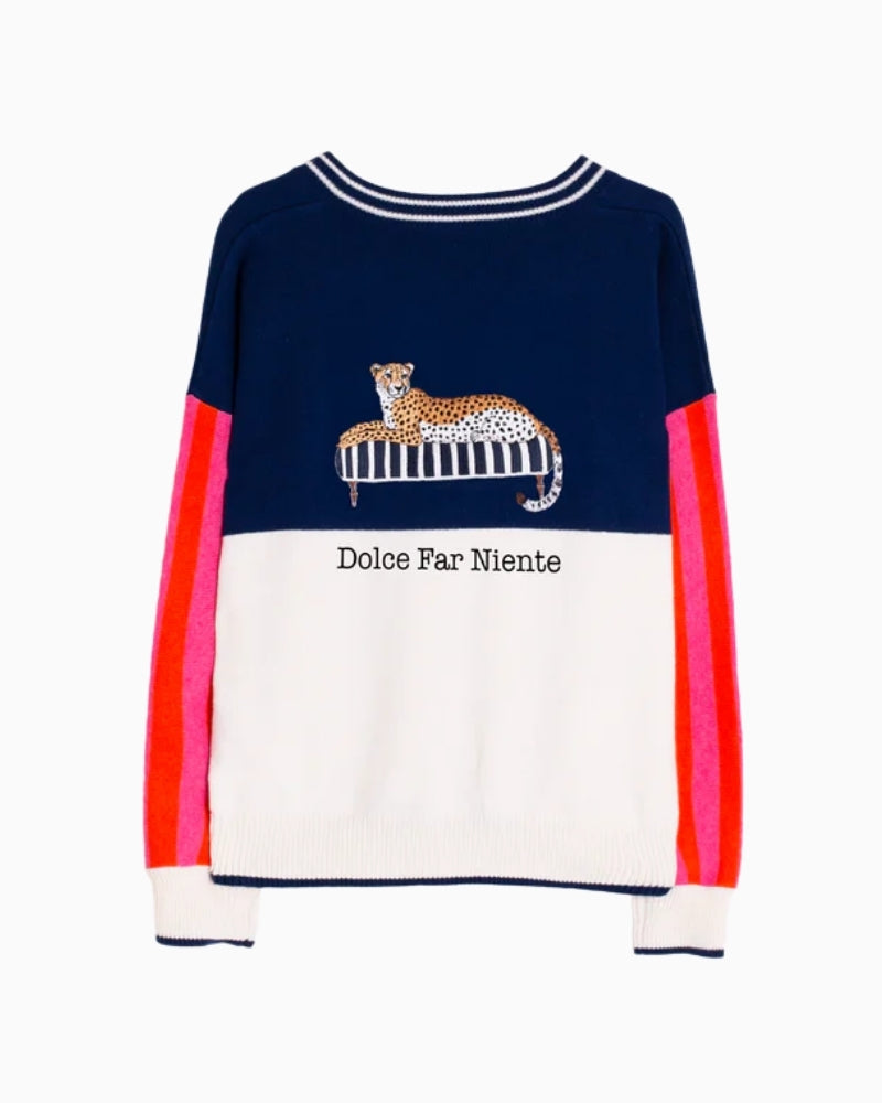 Vilagallo navy and ecru Dolce Far Niente embroidered sweater back view