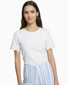 Vilagallo white T-shirt with lace sleeves front view on model