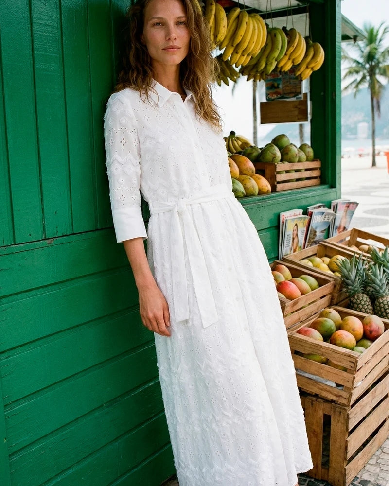 Vilagallo white embroidered shirt dress full length