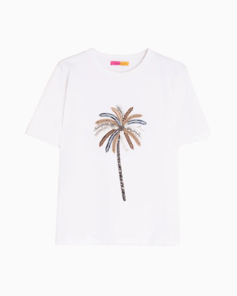 Vilagallo white embroidered palm tree T-shirt flat lay