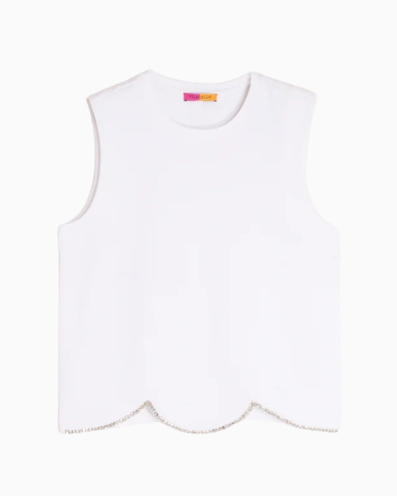 Vilagallo white sleeveless top with scalloped hem front view