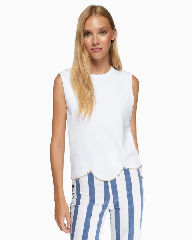 Vilagallo white sleeveless top with scalloped hem front view
