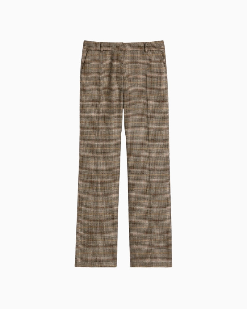 Front view of Baco trousers with wide waistband and subtle flared hem