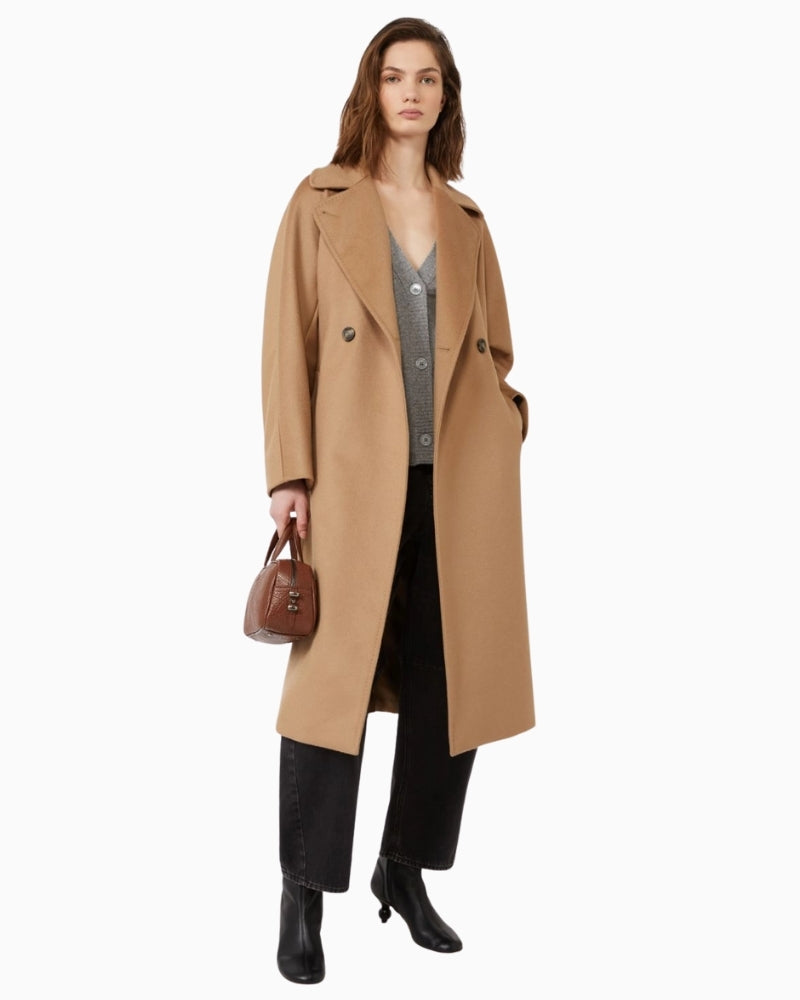 Front view of Weekend Max Mara Resina belted midi coat in camel wool with wide lapel collar