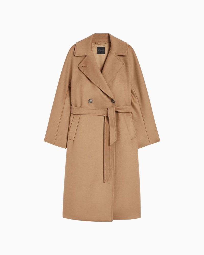 Front view of Weekend Max Mara Resina belted midi coat in camel wool with wide lapel collar
