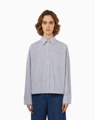 Front view of Weekend Max Mara Arturo cropped navy cotton poplin shirt with boxy fit and chest pocket