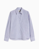 Front view of Weekend Max Mara Arturo cropped navy cotton poplin shirt with boxy fit and chest pocket