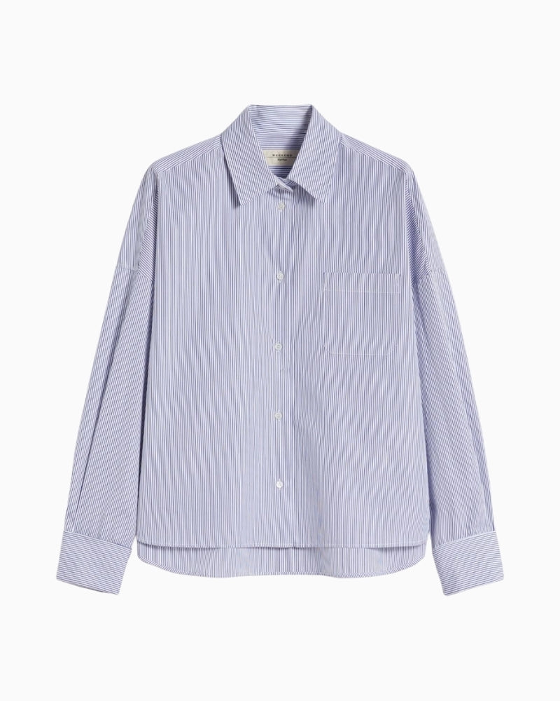 Front view of Weekend Max Mara Arturo cropped navy cotton poplin shirt with boxy fit and chest pocket