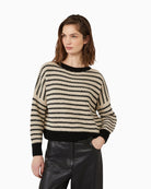 Front view of Weekend Max Mara Ezor cropped fisherman’s rib wool jumper in beige with crew neck