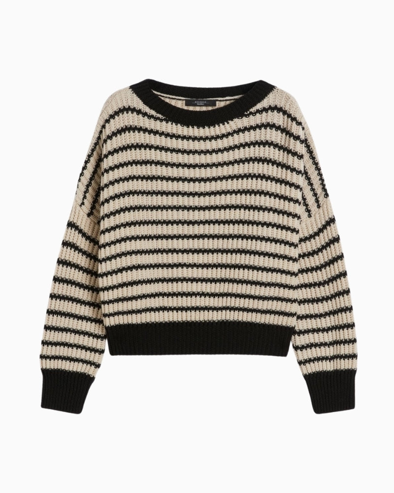 Front view of Weekend Max Mara Ezor cropped fisherman’s rib wool jumper in beige with crew neck
