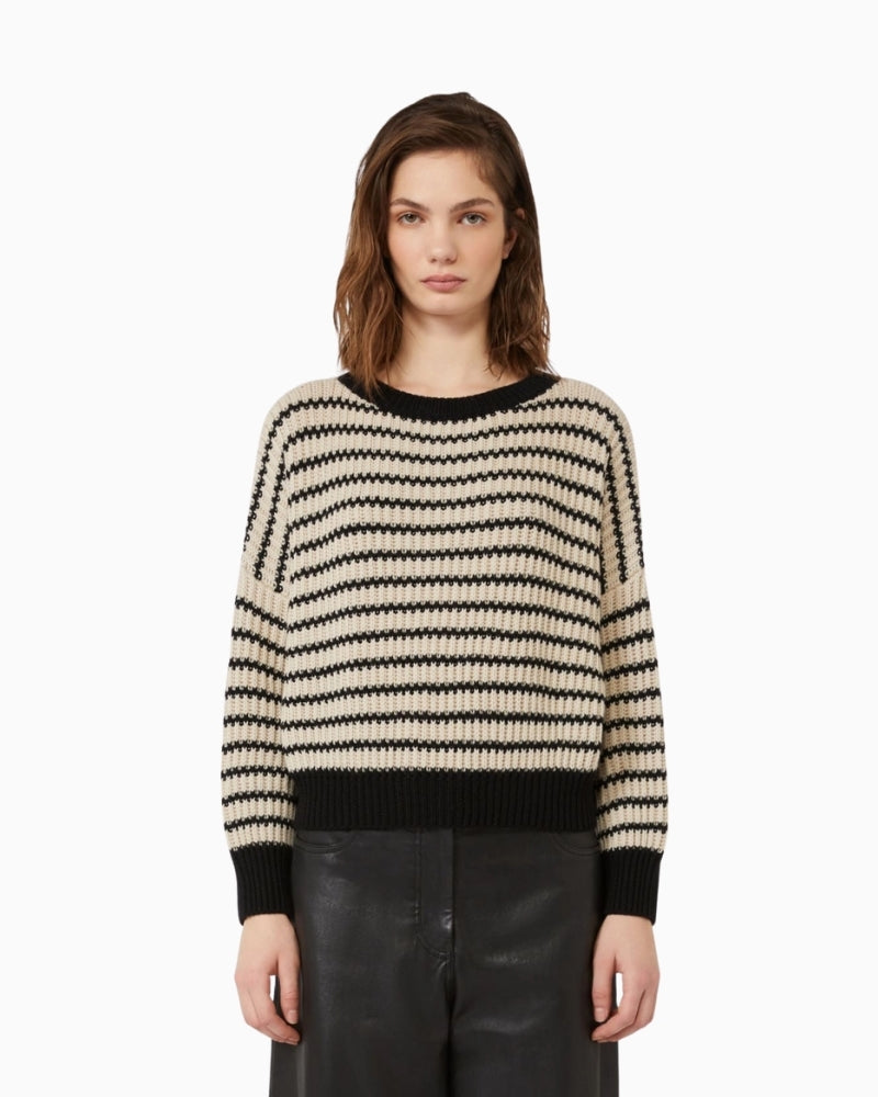 Front view of Weekend Max Mara Ezor cropped fisherman’s rib wool jumper in beige with crew neck
