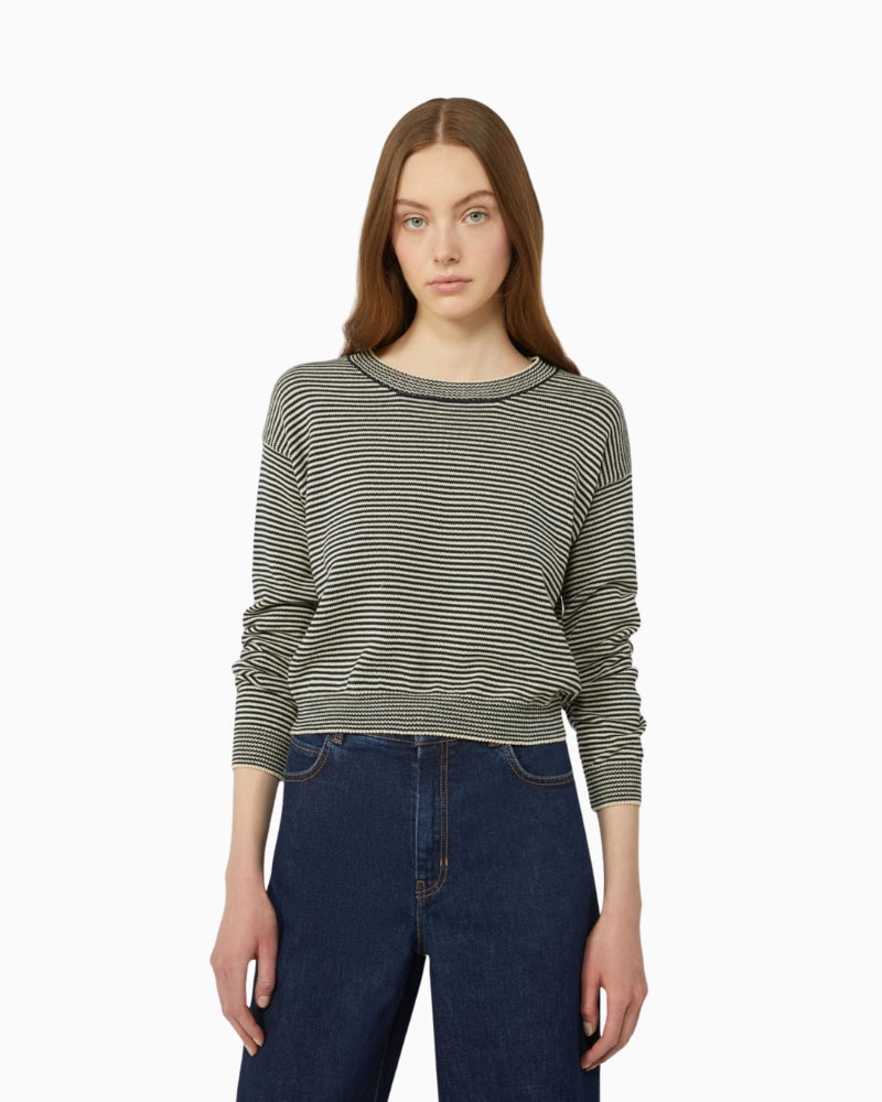 Weekend Max Mara Giovane cotton jumper navy front view on woman – Áines Boutique