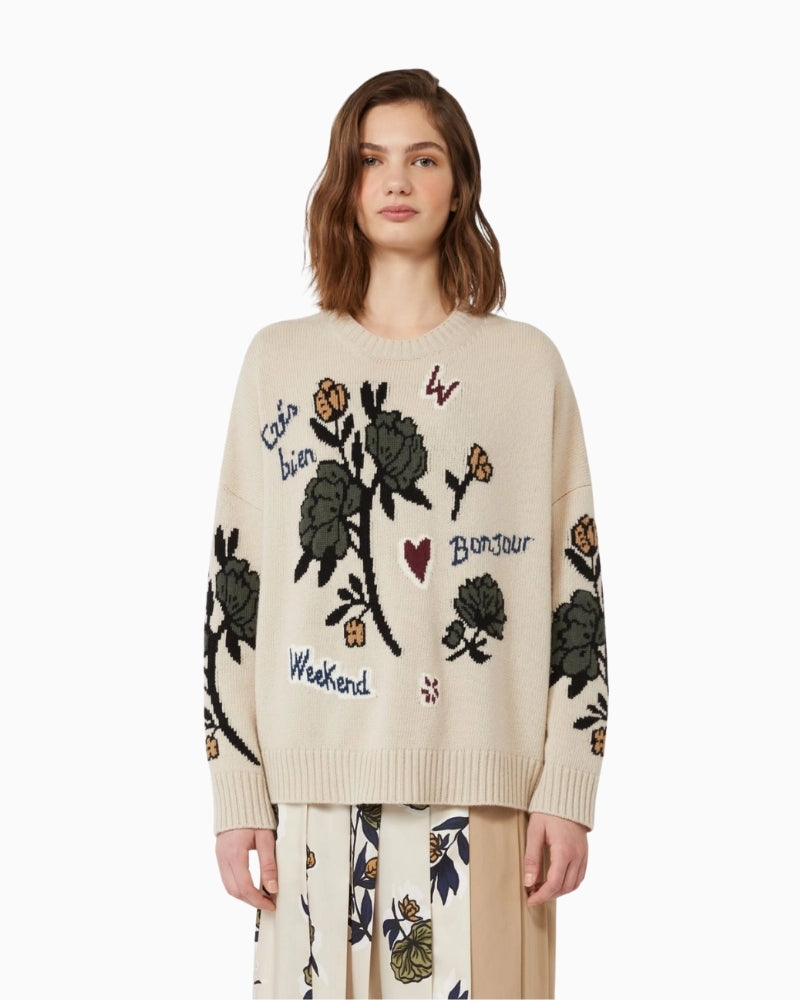 Front view of oversized pure wool Pavidi jumper by Weekend Max Mara with intarsia design and crew neck