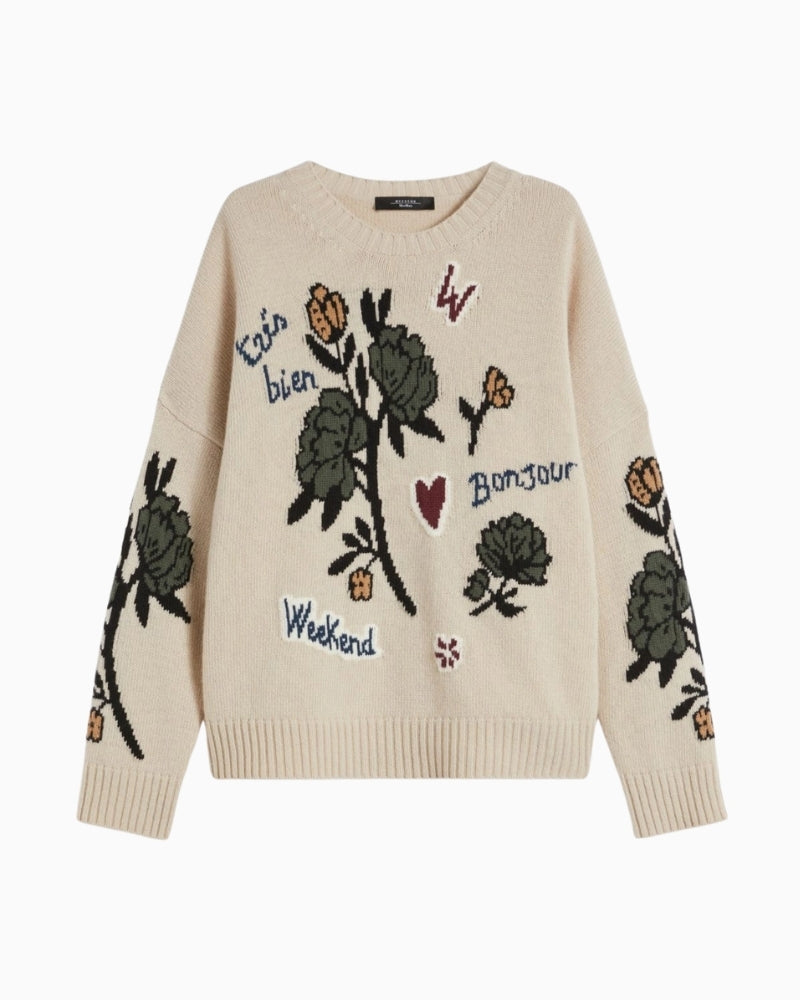 Front view of oversized pure wool Pavidi jumper by Weekend Max Mara with intarsia design and crew neck
