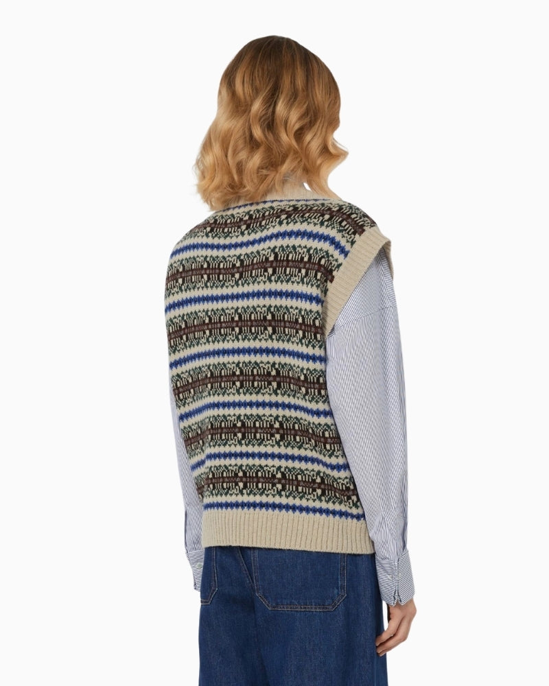 Back view of medium-length alpaca wool blend gilet showing jacquard pattern