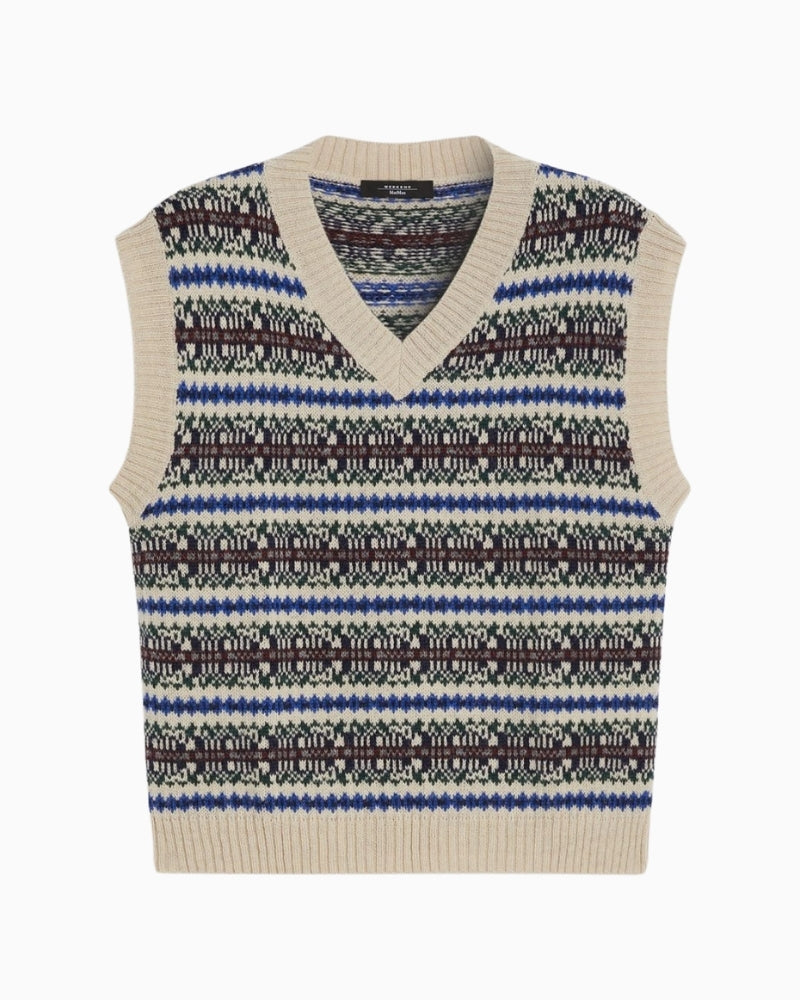 Front view of Weekend Max Mara Fleres jacquard knit gilet in ecru with V-neck and ribbed edges