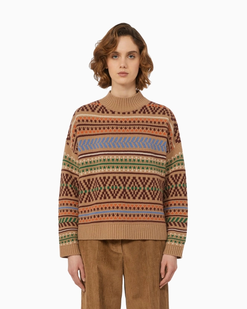 Front view of Weekend Max Mara Festoso camel wool jumper with jacquard knit and cowl neck