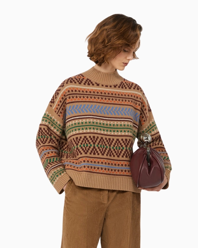 Front view of Weekend Max Mara Festoso camel wool jumper with jacquard knit and cowl neck