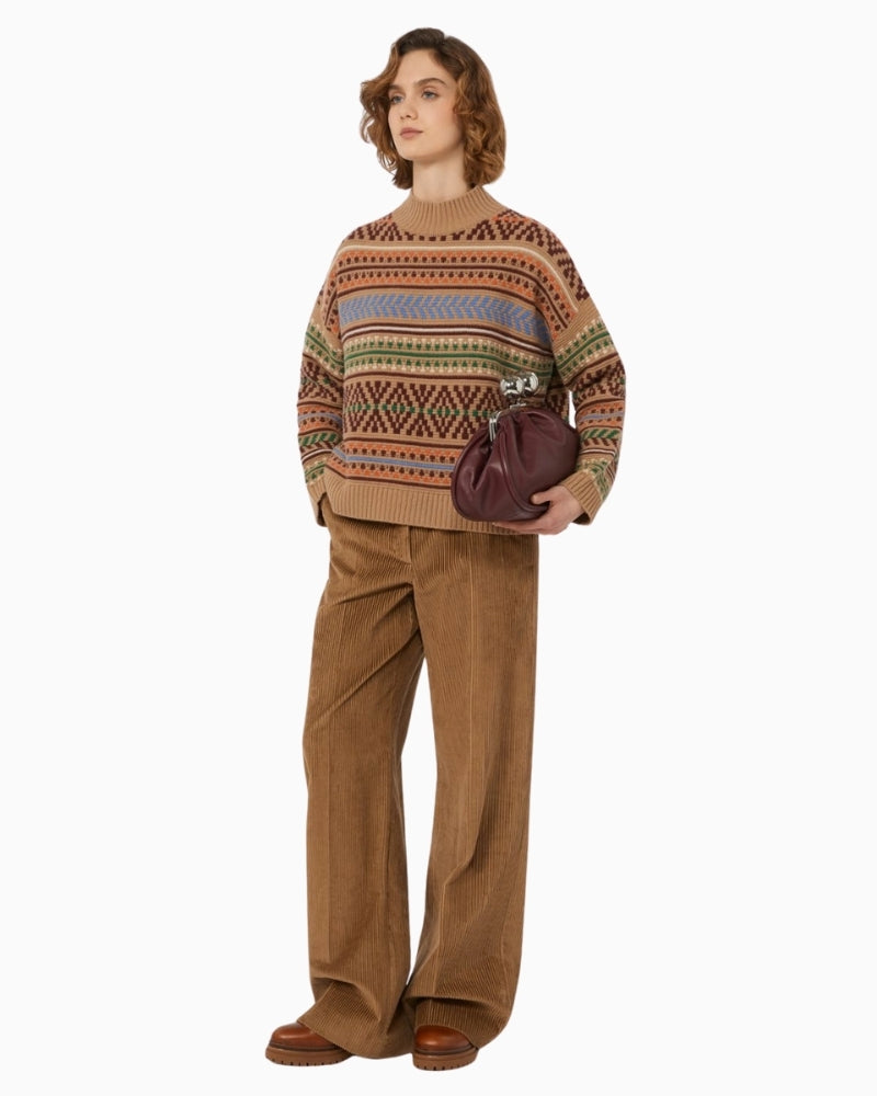Front view of Weekend Max Mara Festoso camel wool jumper with jacquard knit and cowl neck