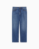 Front view of navy Loris jeans showing 5-pocket style and yoke seam detail