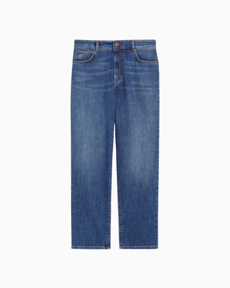 Front view of navy Loris jeans showing 5-pocket style and yoke seam detail