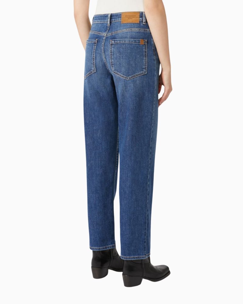 Back view of navy Loris jeans showing 5-pocket style and yoke seam detail